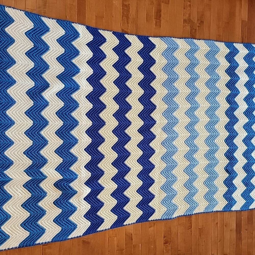 Beautiful Handmade Crochet Knit Afgan Blank In Lt Blue, Dk Ble, White and Cream.